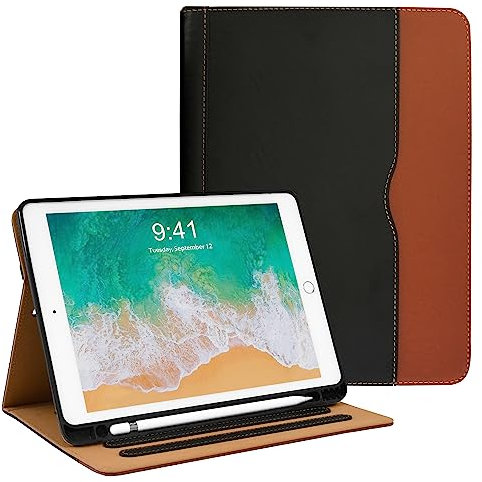 Zonefoker Schutzhülle für iPad 6. 5. Generation 2018/2017, iPad Air 2 Hülle 2014, iPad Air 2013, iPad Pro 9,7 Zoll Hülle 2016 mit Stifthalter, Leder-Folio-Cover für Kinder, Damen, Herren, Schwarz