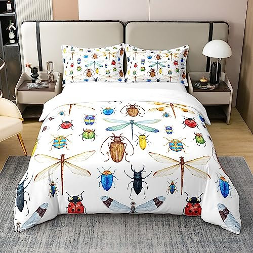 100% Bio-Baumwolle Kinder Libelle Bettwäsche Set,Marienkäfer Insekt Tröster Abdeckung 135x200 für Kinder Jungen Mädchen Teens,Reptil Muster Bettbezug Bunte Bettwäsche Libelle Geschenke für Frauen