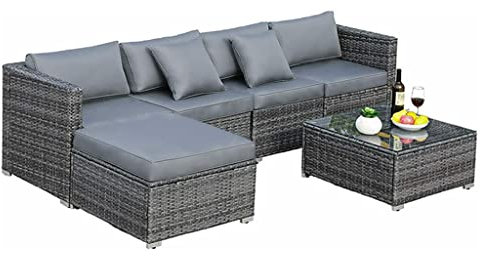 ZYMEN 6-teiliges Rattan-Garten-Ecksofa-Set, Gartenmöbel-Set, Terrassen-Sofa-Set mit Couchtisch-Kissen aus Glas Commemoration Day