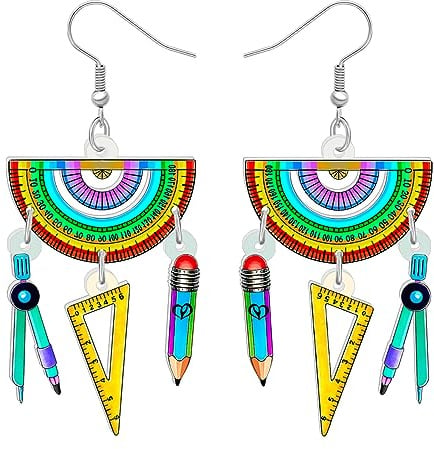 YAYAKO Acryl Globus Bleistift Ohrringe Baumeln Schmuck Lineal Radiergummi Schreibwaren Sets für Kinder Lehrer Frauen Mädchen Zurück zu Schule Geschenke (Lineal Sets)