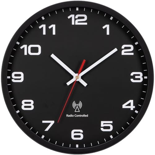 ACCSHINE 30 cm Radio-Controlled Clock Quartz Battery Operated Large Wall Clock Easy to Read for Room Home Kitchen Bedroom Office School (Black)
