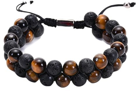 Bishilin Armbänder für Herren Verstellbar, Perlenarmband Chakra 2-Layer mit 8MM Tigerauge und Schwarz Lavagestein Charms Armbänder Männer Personalisiert