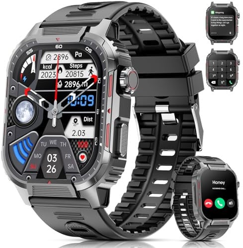 Military Smart Watches for Men Answer/Make Calls, 2.02 HD Large Screen Fitness Watch with Heart Rate Blood Oxygen Sleep Monitor Pedometer, 123 Sports Modes Smart Watch for Android iOS Phones