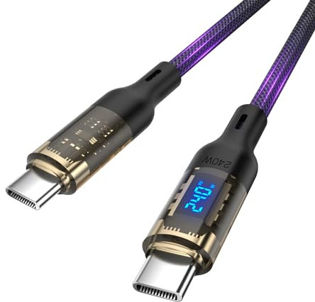 VisionSync 240W USB C to USB C Transparent Cable with LED Display Compatible with 140W 100W Fast Charging for MacBook Pro,lPhone15/15Pro/15ProMax,Galaxy S23+/S23Ultra/S22,10ft,Black