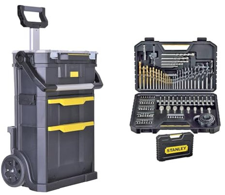 Stanley STST1-79231 - Taller móvil para herramientas 2 en 1, Dimensiones 53 x 75.60 x 32 cm & STA7205-XJ - Juego de Brocas (Taladro, Albañilería, Metal, Madera) Acero inoxidable