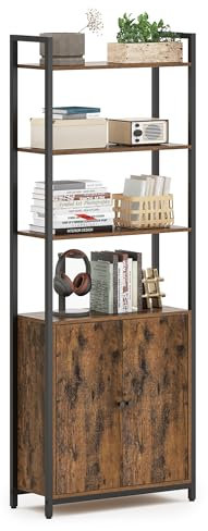 VASAGLE Bücherregal mit 6 Ebenen, hohes Bücherregal mit Tür, Stahlrahmen, verstellbare Regale, 9,4 x 23,6 x 62,8 Zoll, Wohnzimmer, Schlafzimmer, rustikales Braun und Tintenschwarz ULLS133K01