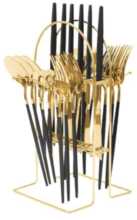 Kochenty Juego de Cubiertos de 24 Piezas con Soporte, Juego de Vajilla, Cubiertos de Acero Inoxidable, Juego de Vajilla para Fiesta, Cualquier OcasióN, Servicio para 6-A