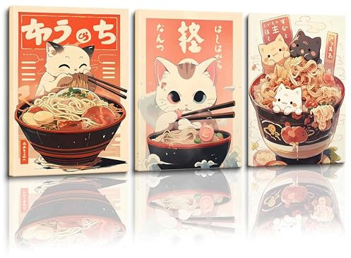 QMV Kawaii Poster mit japanischen Ramenkatzen, niedliche Tierkatzen, essen Essen, Wandkunst, Retro, japanische Leinwandgemälde, Ramen, Katzenliebhaber, Geschenk, Bilder, Drucke, moderne Küche