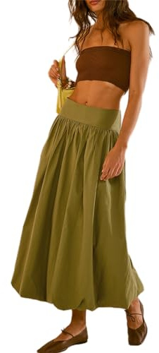Nicoxijia Bubble-Maxi-Röcke für Damen, niedrige elastische Taille, A-Linie, langer Rock, Sommer, lässig, Rüschen, plissiert, Ballon-Midikleid, grün, 44