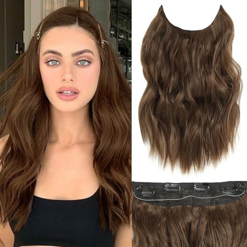 BUPPLER Haarverlängerung 40,6 cm Invisible Secret Hair Extensions Verstellbare Lange Gewellte Haarextension Synthetisches Upgrade 4 Sichere Clips in Haarteilen,Mittleres Braun