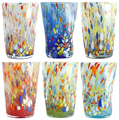 CC Zecchin Set 6 Six Murano Glass Drinking Art Tumblers Blue Red Green Multi Millefiori