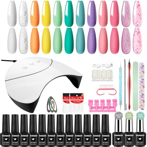 VANREESA 12 Colours Gel Nail Polish Set with 36W UV Lamp Pink Orange Green Glitter Spring Summer Colours Gel Nail Kit with Lamp Nail Polish Gifts for Women