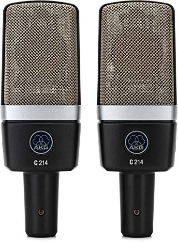 AKG C214 SET 2 MICROFONI STUDIO E LIVE A CONDENSATORE LARGO DIAFRAMMA VOCE E STRUMENTI + SOSPENSIONE A RAGNO + CUSTODIA IN METALLO + ADATTATORE E SUPPORTI