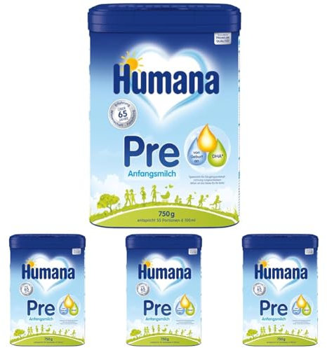 Humana Anfangsmilch Pre, von Geburt an, Milchpulver für Säuglingsmilch, zusätzlich zur Muttermilch oder als alleinige Pre Nahrung, Babynahrung mit DHA und nur Laktose, 750 g (Packung mit 4)