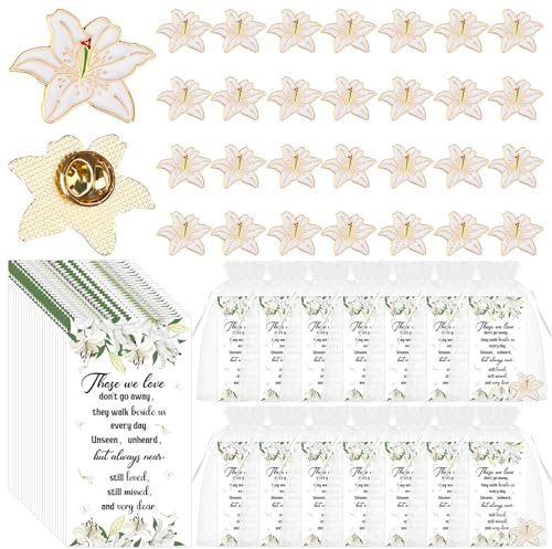 Spille per bomboniere funerarie, spille commemorative per celebrazione della vita, spilla a forma di giglio, spille per poesie funerarie, sacchetti di organza, regali commemorativi per i propri cari