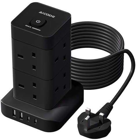 AICODE Tower Extension Lead 3M with USB Slots,Surge Protection 8 Way (13A/3250W) Plug Extension Socket Tower,2 USB C & 2 USB A,3M Extension Cable,w/Switch Fuse Multi Plug for Home Office Kitchen