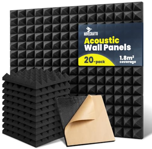 NOVECRAFTO Self-Adhesive Acoustic Wall Panels, 20 Pack (1.80 m²) | 5 cm Thick, Black Pyramid Sound Absorbing Panels, NRC 0.8 Echo Reduction, 35 kg/m³ High-Density Foam for Home & Studio