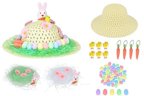 Henbrandt Children’s Easter Bonnet Kit with Chicks, Carrots, Mini Foam Eggs, Matte Grass and 5-Piece Nest Grass Decoration Set Make Your Own Bonnet DIY Easter Accessory Craft Bundle for Boys and Girls