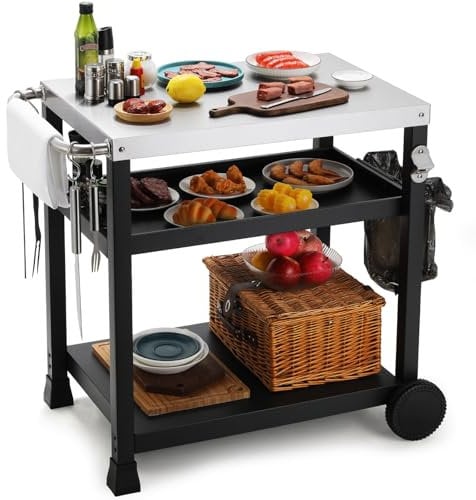 Carro de barbacoa Acero inoxidable,Mesa de barbacoa exteriores con ruedas ganchos,Carrito de BBQ cocina servicio,mesa auxiliar Superficie trabajo inox, carrito de cocina,terraza y jardín,3 Estantes