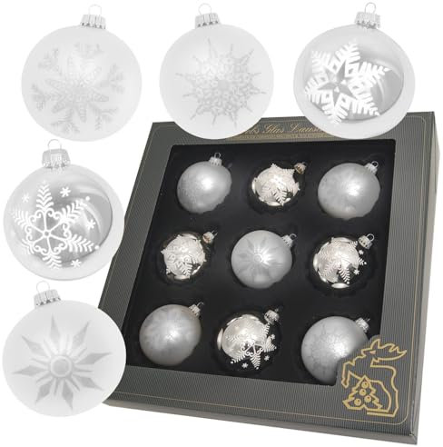Krebs Glas Lauscha - Weihnachtsdekoration/Christbaumschmuck aus Glas - Weihnachtskugeln Glanz/Seidenmatt - Farbe: Silber - 9 Stück - Größe: ca. 8 cm