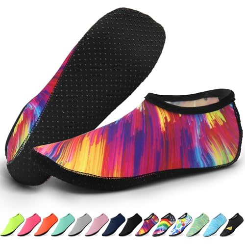 KATKLIU Water Socks – Non-Slip Diving Sock with Grippy Sole – Lightweight Quick Dry Swimming Socks for Men Women – Beach & Surfing Gear for Pool, Yoga, Indoor & Outdoor Sport-Vibrant Rainbow-38-39