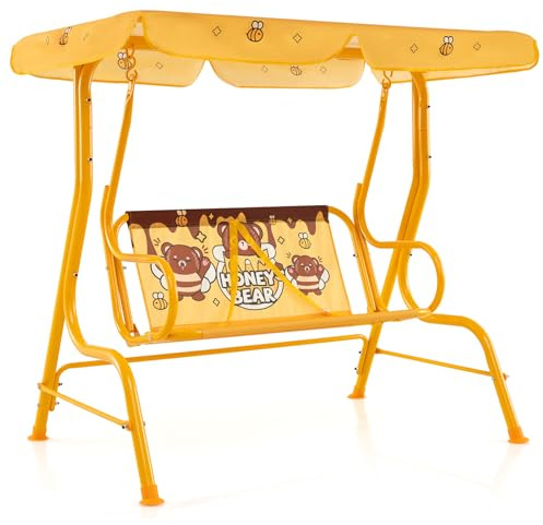 DREAMADE 2-Sitzer Kinder Hollywoodschaukel, Kinderschaukel mit verstellbarem Dach, Metallständer & Sicherheitsgurten, Outdoor-Schaukelsitz für Hinterhof, Garten, Balkon (Orange)