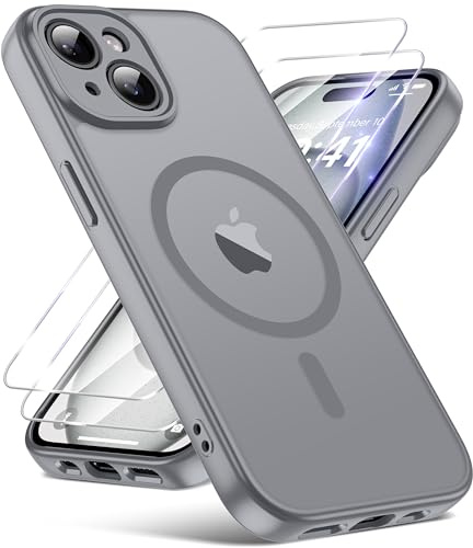 FLLAO Magnetic for iPhone 15 Case with 2 HD Screen Protector, Grey | 2 Tempered Glass, Full Camera Protection, Military-Grade Shockproof, Slim Translucent Matte Hard Back Bumper Phone Cover
