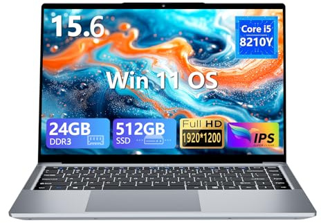 Ordinateur Portable 15,6”, Win 11 Processeur Core i5-8210Y, 24 Go RAM, SSD 512 Go, écran IPS Full HD 1200p,Ports USB 3.0, Type-C, TF, Mini HDMI, BT 5.0, webcam, Wi-Fi 5.0. Pour studio de travail.