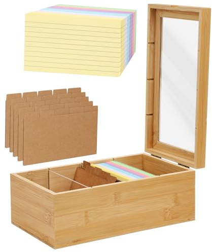 Boîte à Fiches, Boîte Rangement Fiche en Bambou 26*15*10.1CM Robuste Boîte de Recettes avec Couvercle, avec 4 Séparateurs Amovibles et 300 Pièces Fiche D'inde pour Maison, Bureau (Inclut Fiches D'Inde