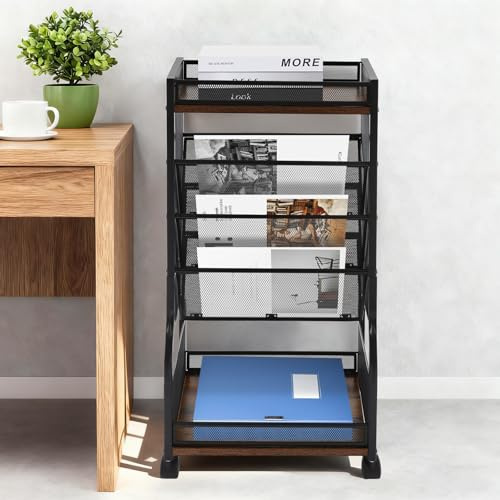ZNLLQZN Mobiles Zeitschriftenständer mit Rollen, Metall Rollwagen Zeitungsständer Modern, 5 Ebenen Bücherregal Bücher Aufbewahrungs Organizer für Schule, Arbeitszimmer und Wohnzimmer, 40*28*81.5 cm
