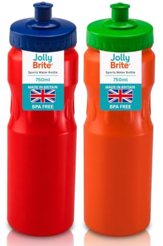 Jolly Brite 750ml Plastic Water Bottles 2 Pack for Cycling, School and Gym, Sports Cap Water Bottles with Push Pull Caps, BPA Free Leak Proof Bike Bottles (Red & Orange)