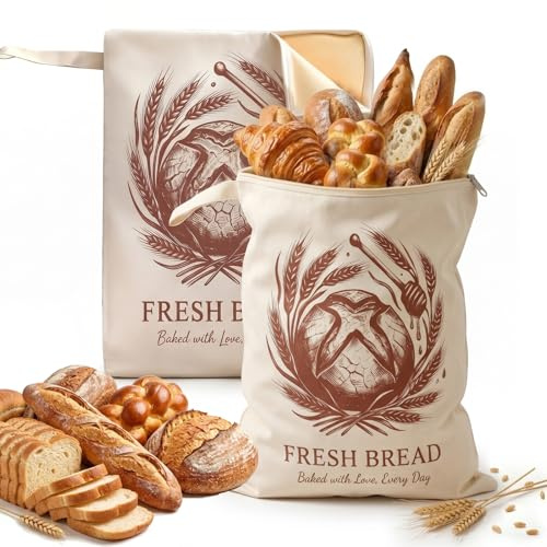 2 Pack Reusable Organic Linen Beeswax Bread Bags for Sourdough Storage | Food safe eco-friendly design,zipper closure,size16.5x13 in,suitable for freezer,refrigerator and homemade bread preservation