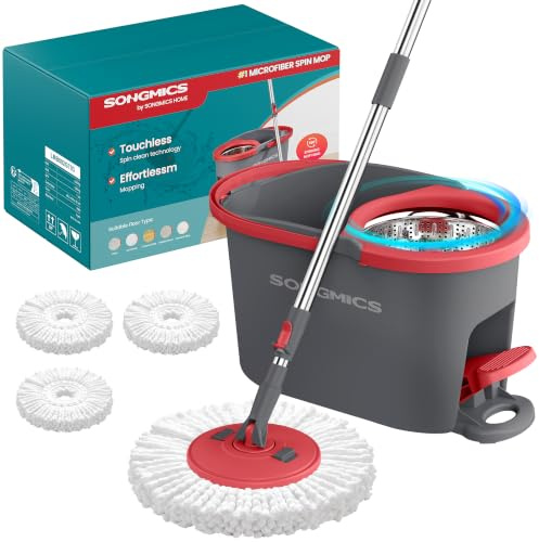 SONGMICS Spin Mop Bucket Set with Pedal Wringer, Floor Cleaning Mop, Adjustable Telescopic Handle 122.5-150 cm, 360° Rotating Head, 3 Microfibre Pads, Grey and Red LMB002GT03