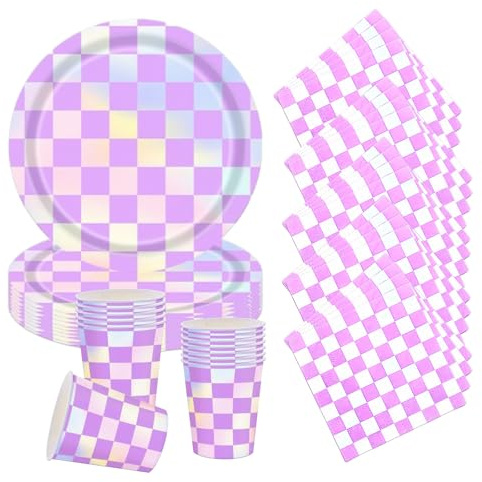 60P Colorful Laser Foil Party Tableware Set,Purple Checkered Sparkling Party 20 Paper Plates 20 Napkins 20 Cups for Birthday,Colorful Dinner Plates Luncheon Napkins Paper Cups for Baby Shower Wedding