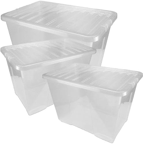OptiProducts 80L Large Clear Plastic Storage Boxes with Transparent Lids (Pack of 3) – Heavy Duty Stackable Storage Containers for Home, Garage, Office & Clothes Organisation