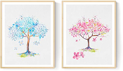 Nacnic Set 2 Plakate Rosa und BLUE Bäume im Aquarell-Stil. Poster mit Naturbildern in A3-Größe. Ohne Rahmen.