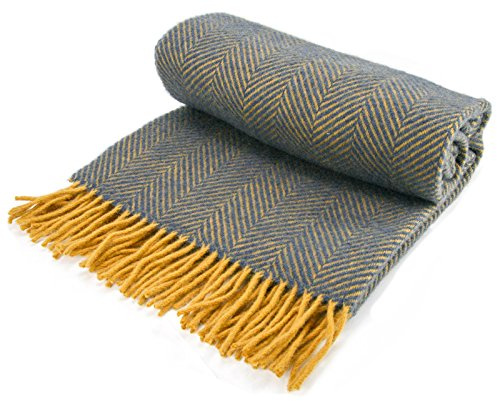 Tweedmill Textiles Fischgrätenmuster, reine Schurwolle, kniebedeckend, kleine Decke, marineblau/senffarben, hergestellt in Großbritannien
