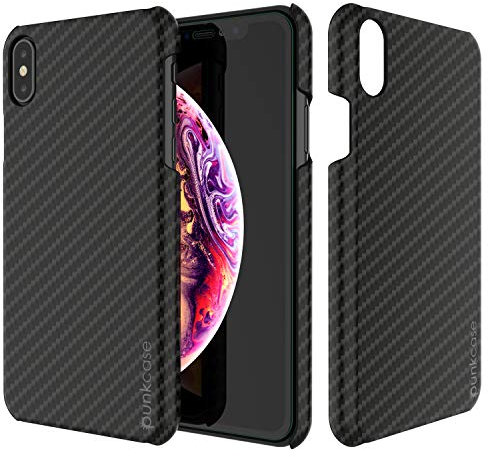 PunkCase iPhone XS Max Case, CarbonShield, Heavy Duty & Ultra Thin 2 Piece Dual Layer PU Leather Cover [shockproof][non slip] with PUNKSHIELD Screen Protector for Apple iPhone XS Max [jet black]