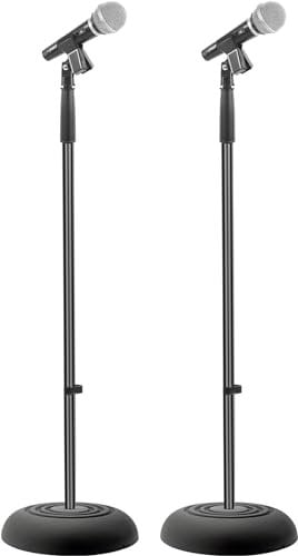 PYLE Pie de micrófono, Soporte de base redonda, Resistente, Compacta. (Par de 2 piezas) Altura ajustable (85 a 152 cms)