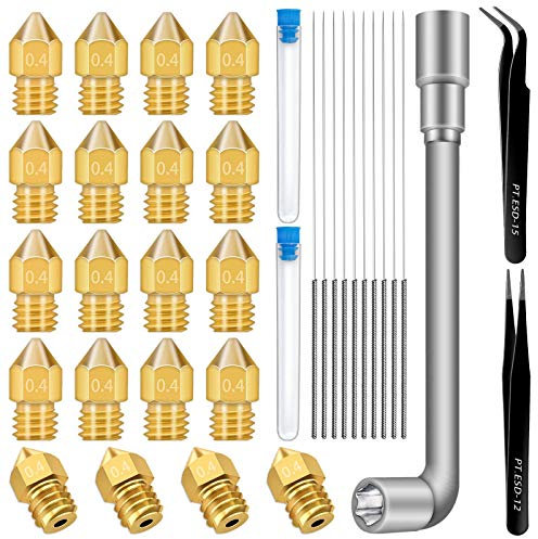 Hakkin 20PCS 0.4mm 3D Printer Nozzles MK8 Extruder Nozzles,with 10 PCS Stainless Steel Nozzle Cleaning Needles,2PCS Precision Tweezer, 1PC Nozzle Spanner for Makerbot Creality CR-10 Ender 3 5