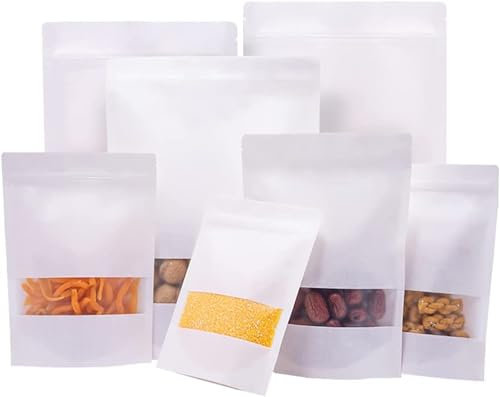 Bolsa Papel Kraft con Ventana, Bolsas Kraft, Bolsas Reutilizables Ziplock, para Frutos Secos, Dulces, Granos de Café, Cereales, Comida para Mascotas, etc. 120x200mm blanco 50piezas