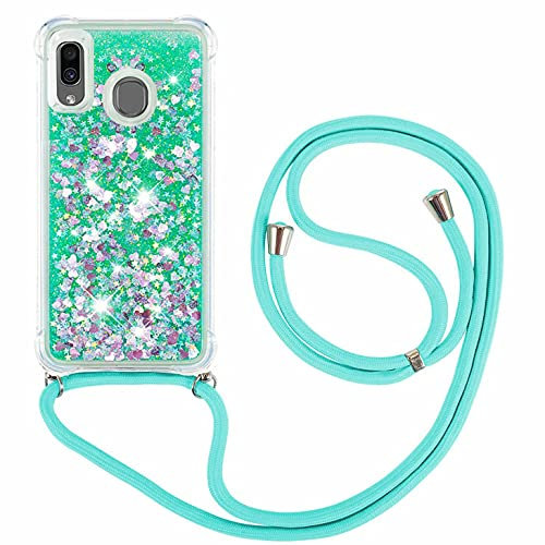 FMPCUON Coque Samsung Galaxy A20 /A30 Glitter Liquide Collier pour Téléphone Portable avec Cordon - Lanyard Paillettes Flowing Sand Silicone Gel TPU Housse avec Smartphone Collier Étui, Vert