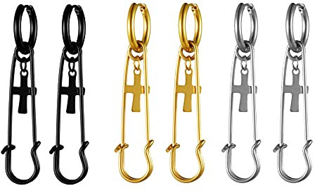 Flongo Herren Ohrstecker Creolen Damen Kreuz Ohrringe Ohrhänger Stecker mit hängenden Kreuz Pin Sicherheitsnadel Anhänger Jahrgang Männer, Frauen 6 Stück Set