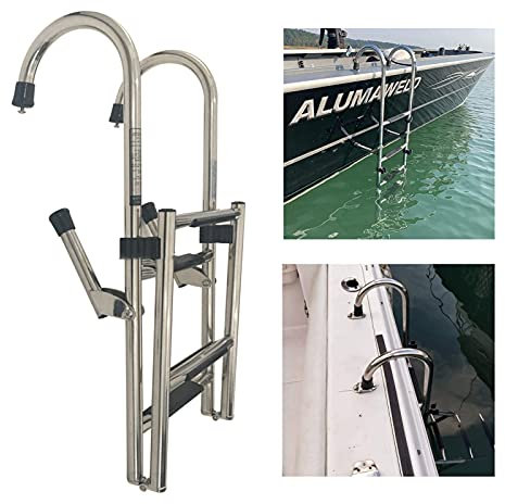 Boat Ladder 4 Step High Gunwale Hook Boat Ladder, Heavy Duty Folding Swim Boarding Ladder with C-type Clips and Fittings, Easy Install and Remove
