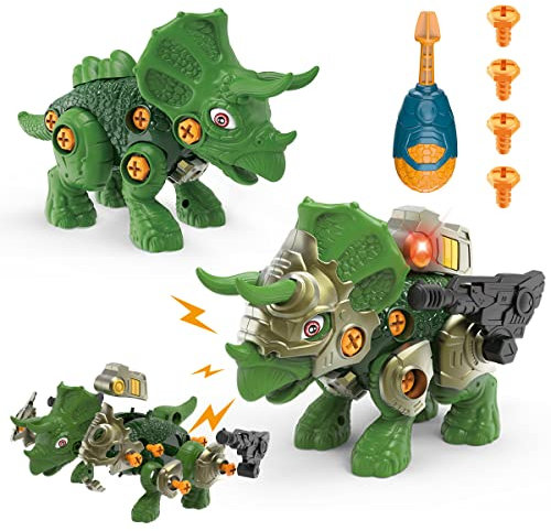 GILOBABY Dinosaurier Spielzeug, 2 in 1 DIY Montage Dino Spielzeug mit Schraubendreher, Licht und Brüllen, Lernspiele Kinderspielzeug Geschenk für Jungen Mädchen Geburtstag ab 3 Jahre (Triceratops)