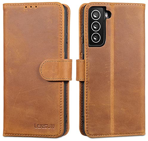 LENSUN Echtleder Hülle für Samsung Galaxy S21, Handyhülle [Echtes Leder][Kartenfach][RFID Schutz] Handytasche Lederhülle für Samsung Galaxy S21 5G - Vintage Braun