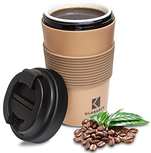 Tazza da viaggio in ceramica con coperchio, tazza portatile in ceramica con manica, a tenuta stagna, foderata in ceramica, tazza da viaggio riutilizzabile, 350 ml (cachi)