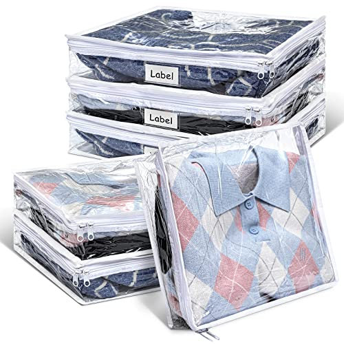 Hoolerry 6 x Pullover-Aufbewahrungstaschen, Kunststoff, transparent, PVC, mit Reißverschluss, Etikett für Decken, Kleidung, Schrank, Steppdecke, Kissen, Bettlaken, 40 x 35 x 10 cm