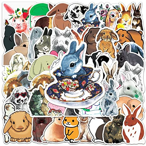 Bric dodo 50 Stück Kaninchen-Aufkleber, Laptop, Auto, Scrapbook, Telefon, Skateboard, Koffer, Gepäck, Fahrrad, Hasen-Aufkleber, Vinyl, wasserdicht, ästhetisch, Erwachsene, Kinder