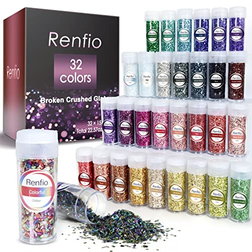 Renfio 32 Farben gebrochene zerschmetterte Glas Glitzer Set, 22,57oz 640g Glitzer Scherben 2-4mm Unregelmäßige Metallic Glas Chips Kristall Dicke Flocken Pailletten Kies für Harz Bastelbedarf